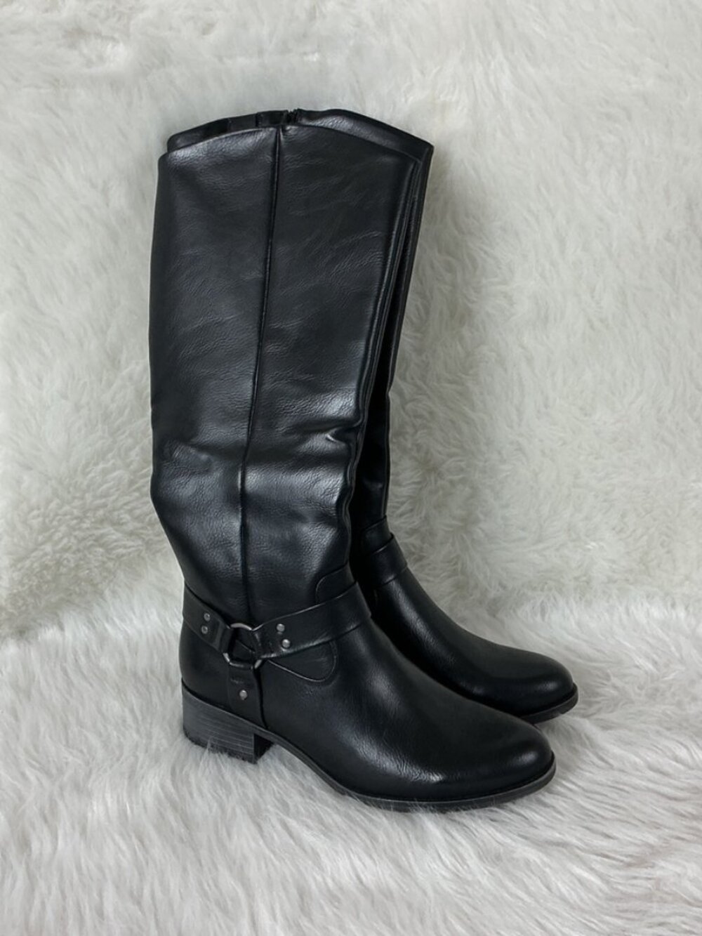 Frye & Co Edelle Black Vegan Leather Stacked Heel Knee Harness Boots NWOB 9M